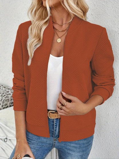 Women'S Solid Textured Zip up Jacket, Casual Long Sleeve Mock Neck Outerwear for Spring & Fall, Ladies Clothes for Daily Wear