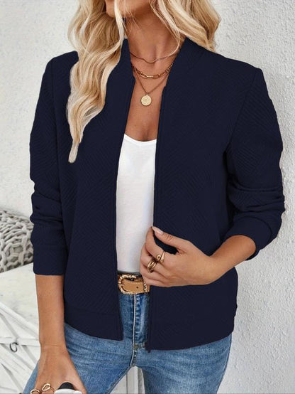 Women'S Solid Textured Zip up Jacket, Casual Long Sleeve Mock Neck Outerwear for Spring & Fall, Ladies Clothes for Daily Wear